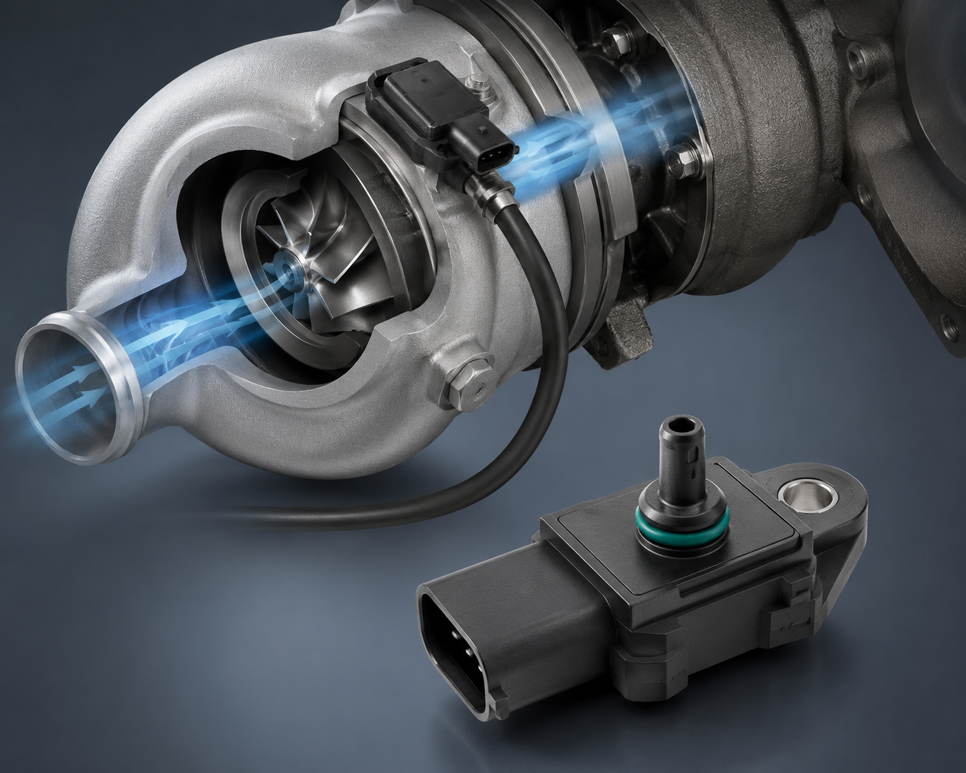 Capteur de pression turbocompresseur sur admission moteur diesel en atelier automobile